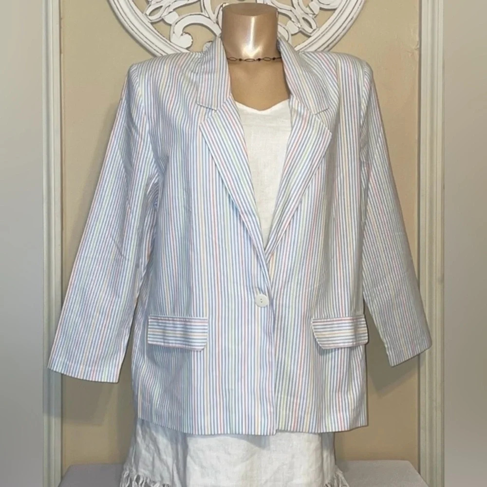 Cricket Lane womens blazer XL 16 petite 16p jacket seersucker stripe vtg pastel